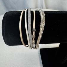 Leather rhinestone cuff magnetic bracelet, 5 strands/layers. Neutral beige taupe