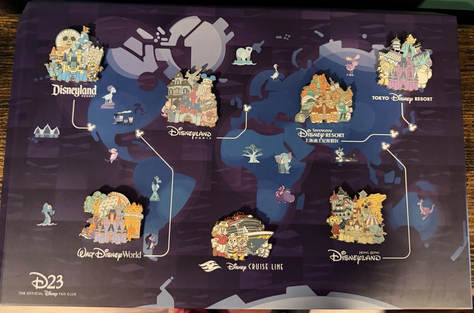 D23 Gold Member "Around the World of Disney Parks" Pin Complete