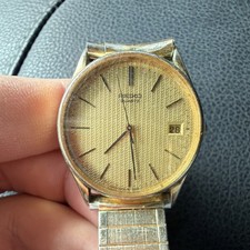 Seiko Analog Gold Dial Date Gold Case Silver Metal Band Dress Watch - AS IS 