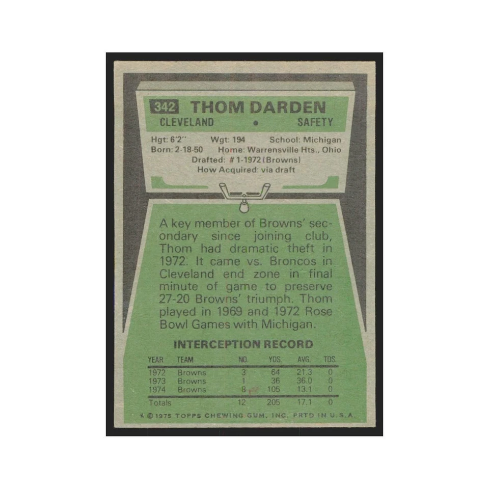 1975 Topps Thom Darden Browns #342.0 - Image 2 of 3