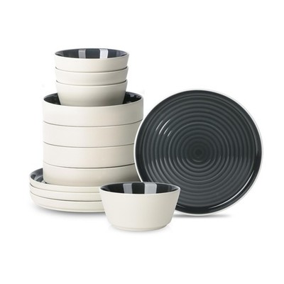Elica 12Piece Modern Dinnerware Set Stoneware, Plates and Bowl Sets for 4, Bl...