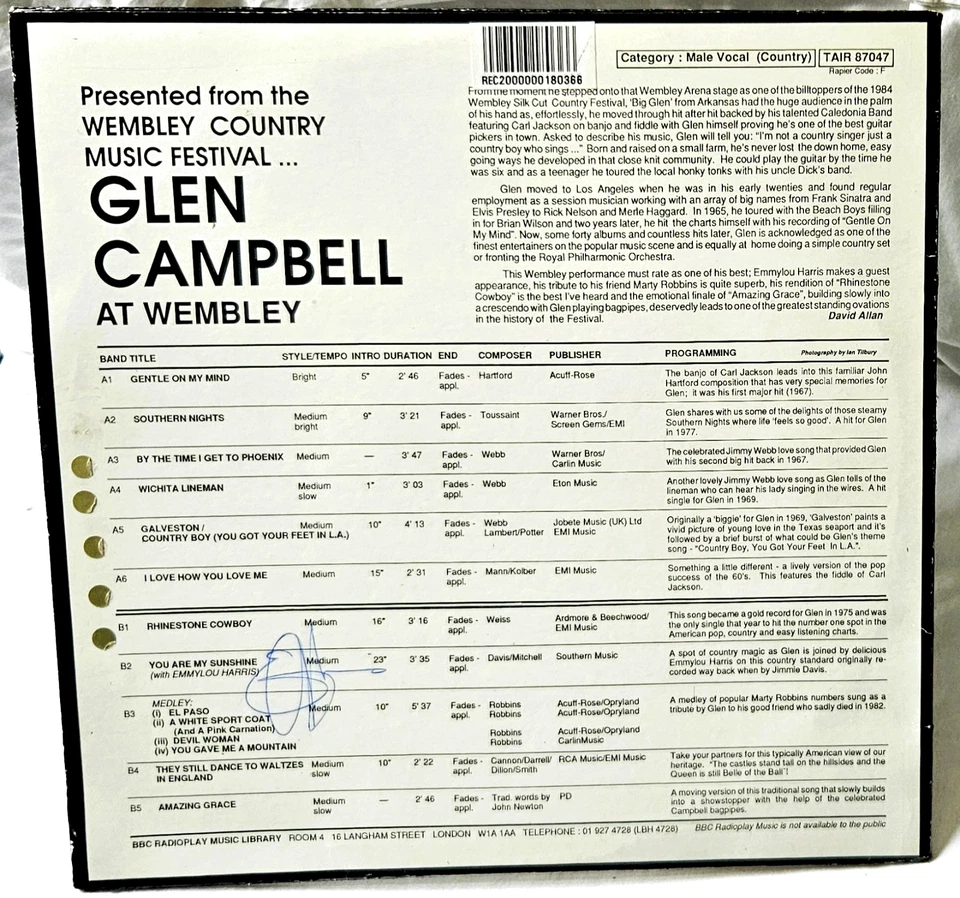 GLEN CAMPBELL Glen Campbell At Wembley *SIGNED BY EMMYLOU HARRIS* UK BBC LP 1986 - Image 2 of 4