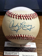 ANDY CAREY 3 SIGNED AUTOGRAPHED OAL BASEBALL!  Yankees, Athletics, Dodgers!  JSA