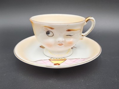 Vintage Ardalt Lenwile China Hand Painted Winking Lady Woman Cup & Saucer Japan