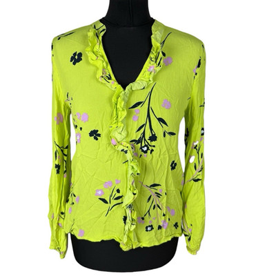River Island Neon Blouse Women s UK Size 10 Long Sleeve Frill Detail Floral