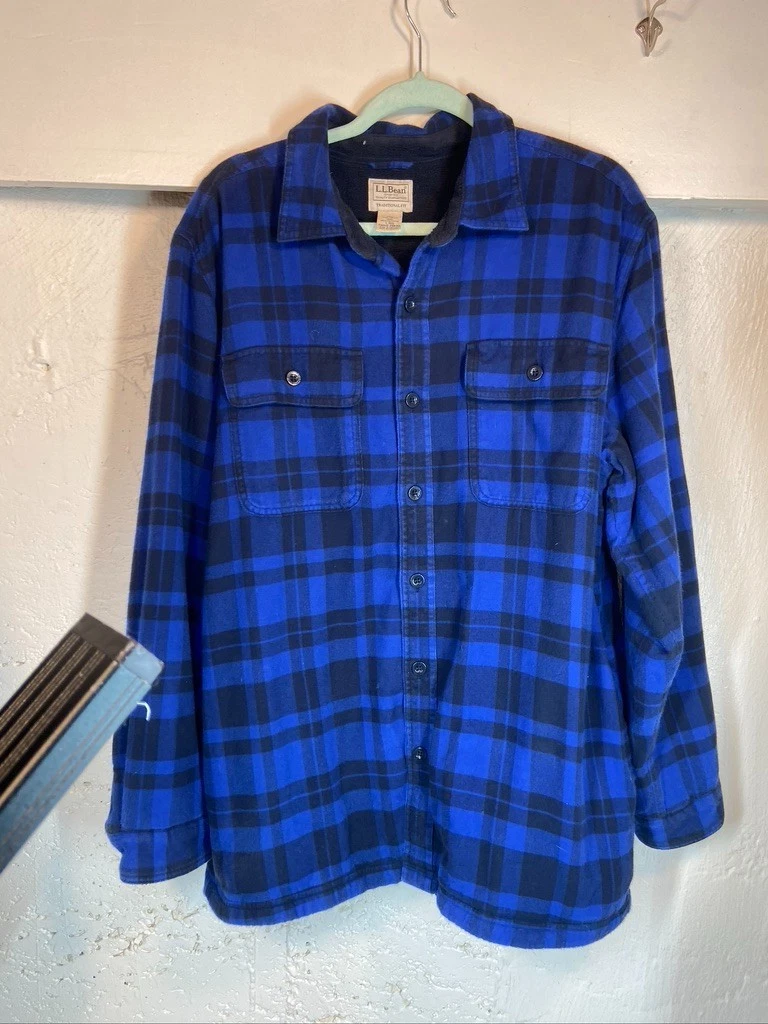 L.L. BEAN MENS LARGE REG BLUE PLAID FLANNEL SHIRT FLEECED LINED