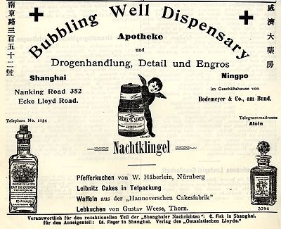 Bubbling Well Dispensary APOTHEKE SHANGHAI - NINGPO Kolonialwerbung von 1908