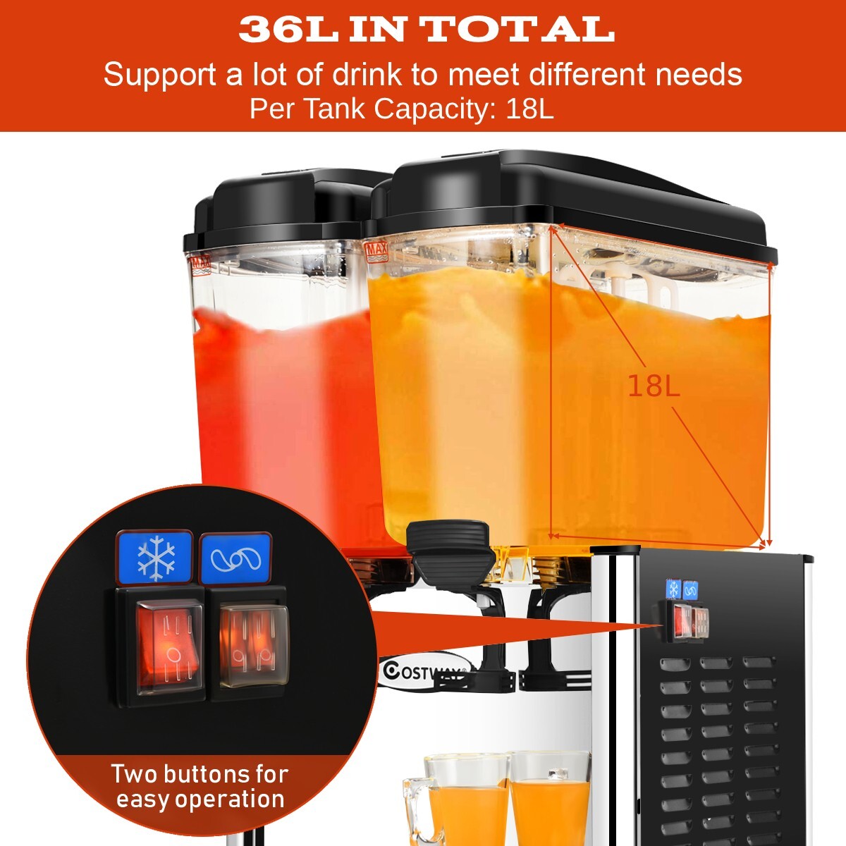 36L Commercial Beverage Dispenser 2Tank Stainless Steel Drink Juice