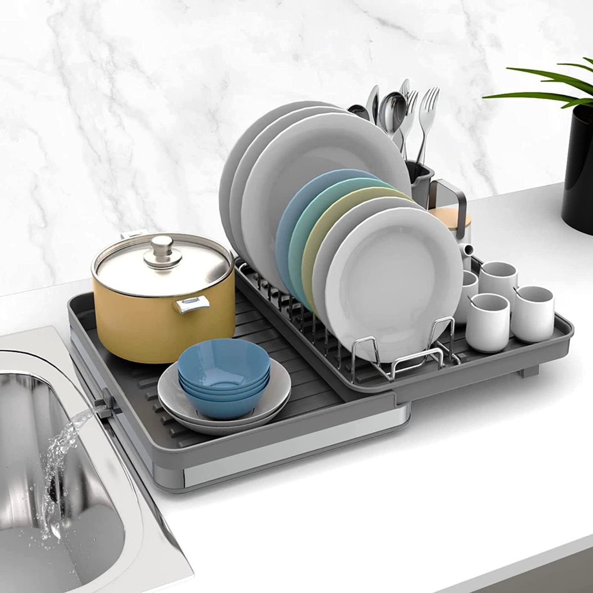 Extendable Dish Drainer Kitchen Sink Dish Rack Cutlery Plate Cup