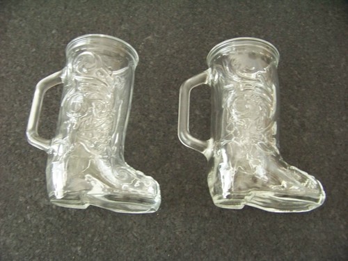 TWO glass cowboy boots glasses mugs tankards 6" tall glass