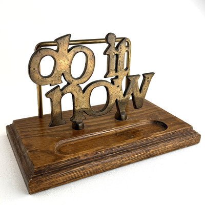 ''Do It Now'' Letter Memo Holder Desk Organizer Paper Weight Metal & Wood Base