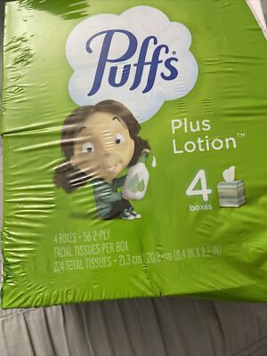 Puffs Plus Lotion 2-Ply Facial Tissues, White, 56 Sheets Per Box, 4 Boxes