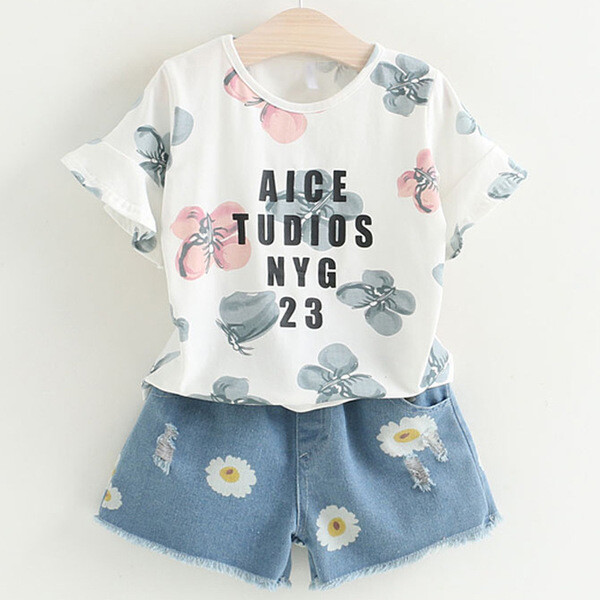 Completo Niña Bebé Suéter Alice Blanco Pantalones Cortos Denim Vaqueros B040