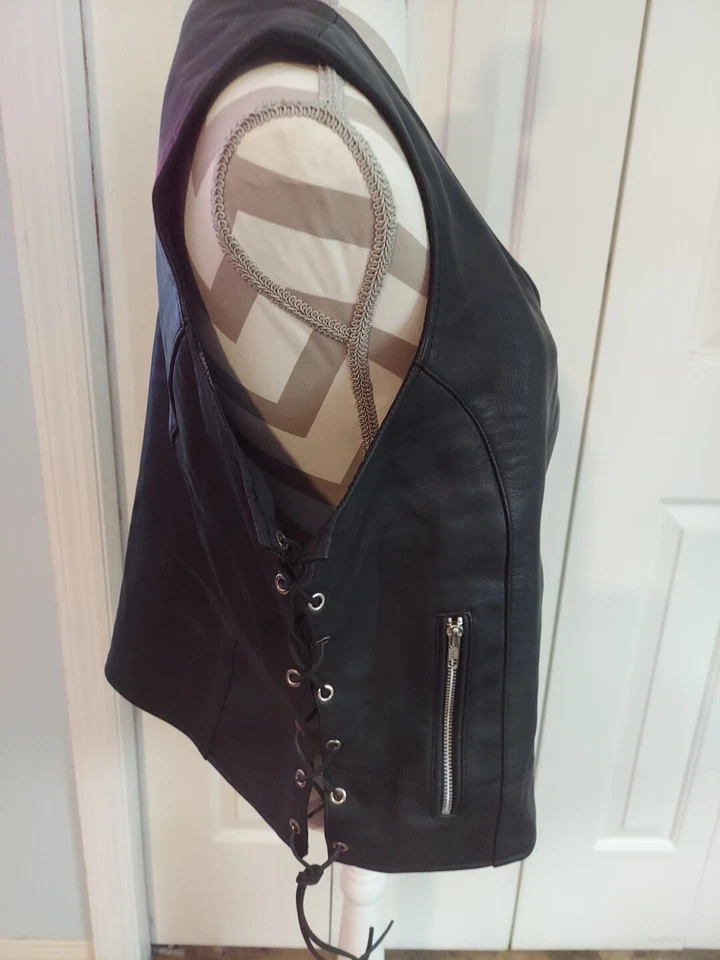 Chaleco de motociclista trenzado de cuero genuino negro 3XL Daniel Smart para mujer Foto 2 de 4