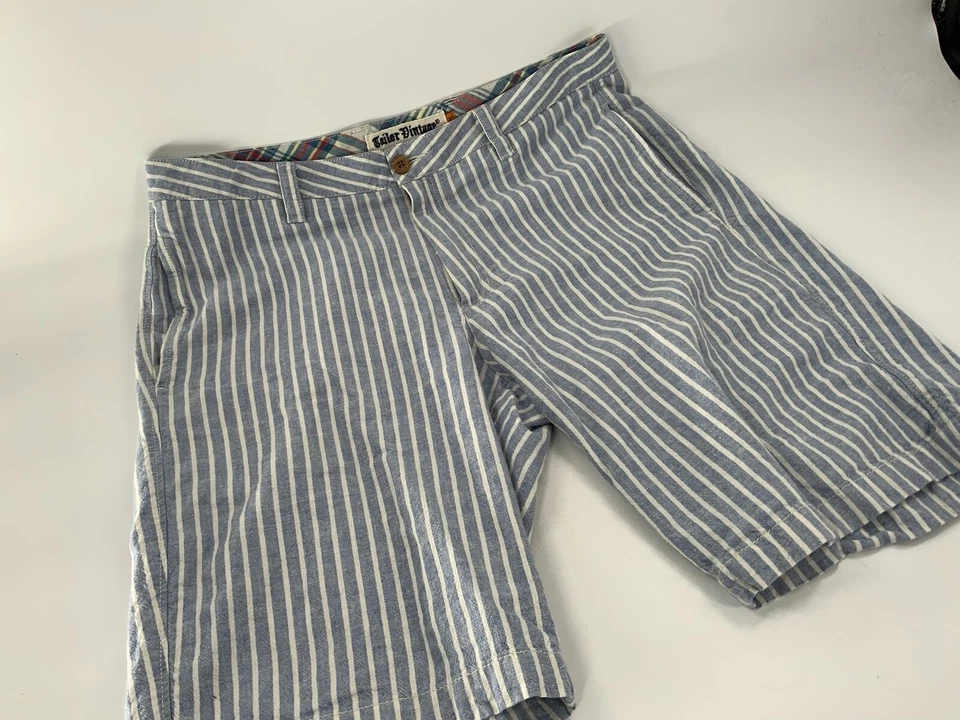 Tailor Vintage Shorts Sz 36 (34 tag) Blue Stripe Linen Cotton Flat Fr YGI D2-91 - Image 2 of 4