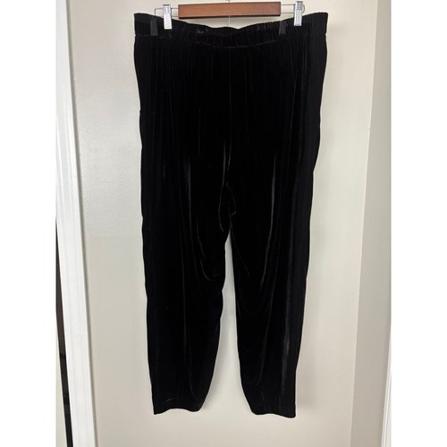 Eileen Fisher Black Velvet Straight Pants Pull On Pleated Comfort Stretch Large - Picture 7 of 11