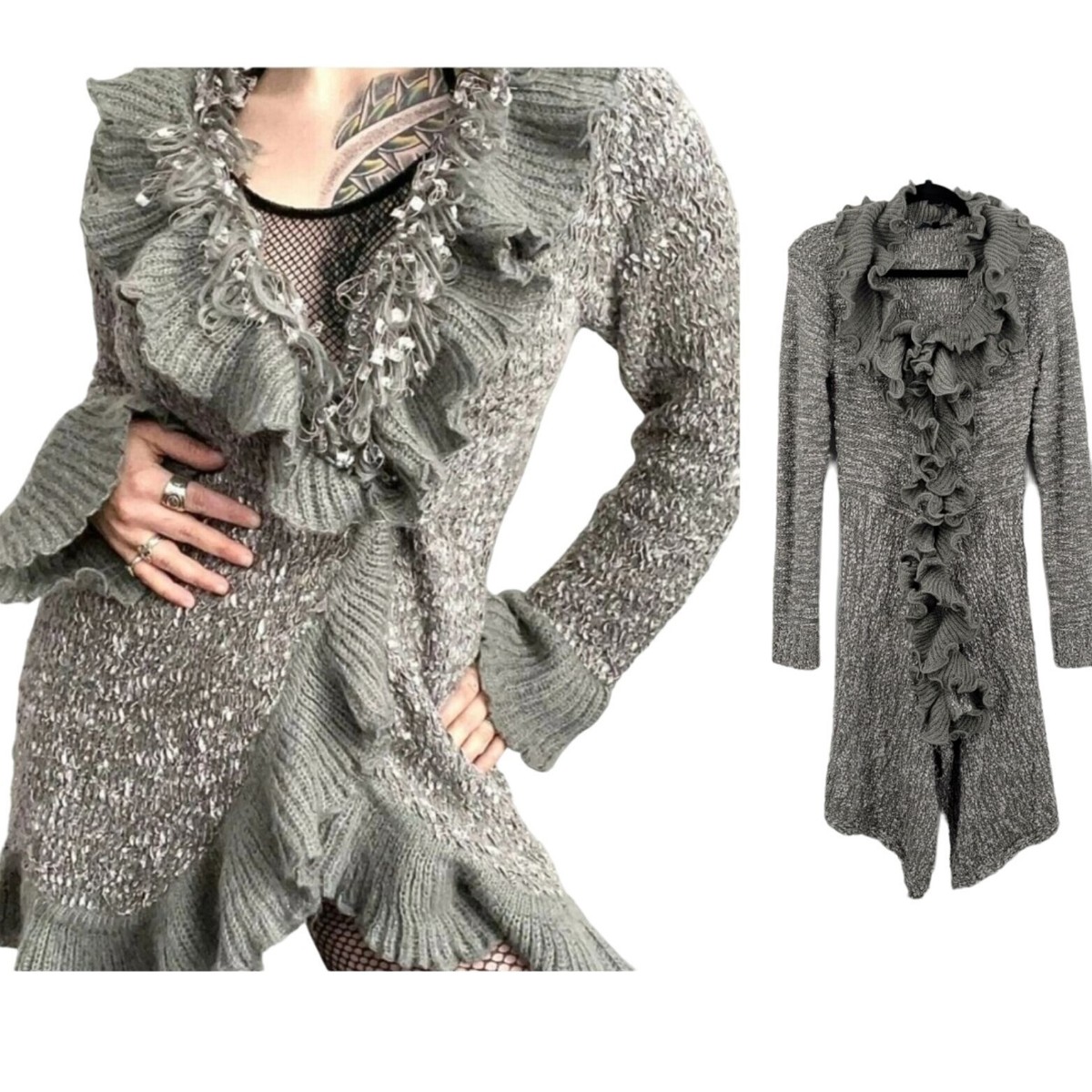 Vtg 90s Wool Ruffled Knit Cardigan Sweater Duster L Gray