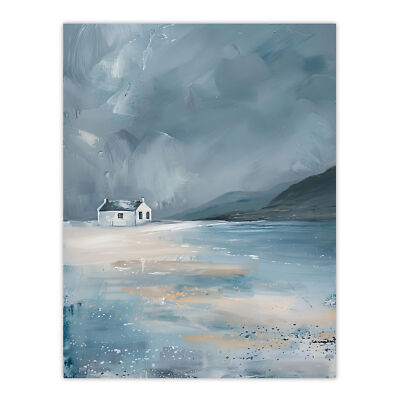 Classic Scottish Cottage on Coast Oil Painting Wall Art Poster Print
