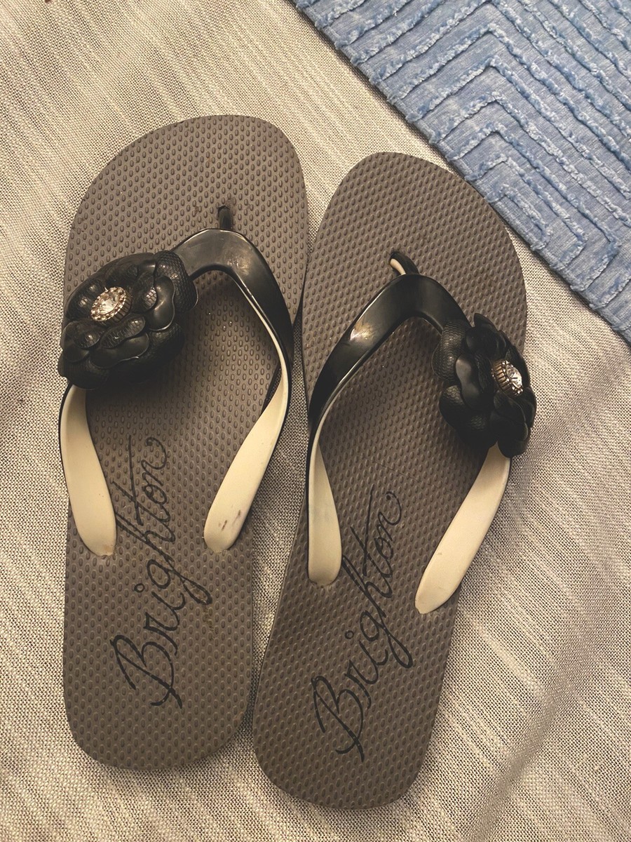 Brighton Black Roses Women's Rubber Flip Flop Sandals Sz