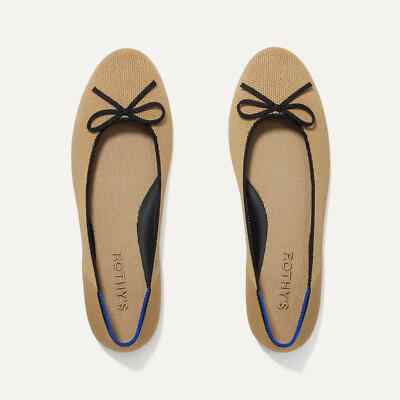 NEW ROTHYS The Ballet Flat in Beige & Black CASUAL SHOES TAN BOW SIZE 12.5