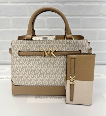 Michael Kors Satchel Reed Large Belted Purse & LG Snap Wallet Bundle Camel Multi
