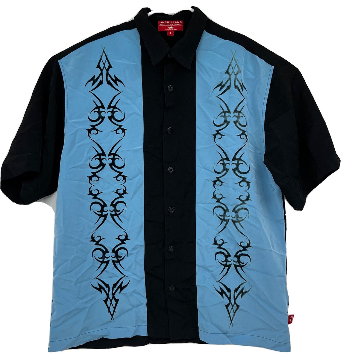 Vtg JNCO Jeans Shirt Mens L Black Blue Tribal Bowling Short