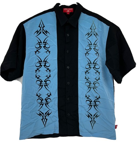 Vtg JNCO Jeans Shirt Mens L Black Blue Tribal Bowling Short Sleeve Button Up Y2K
