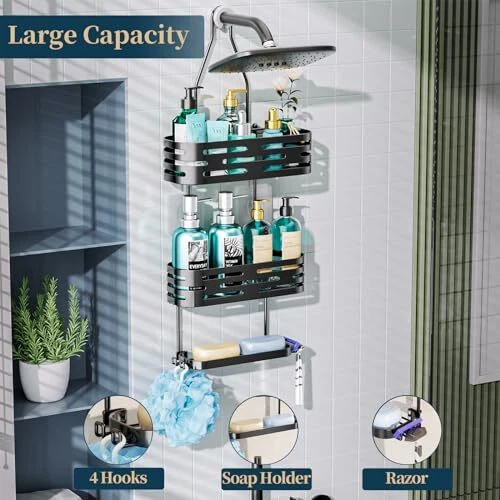 Shower Caddy over Shower Head with Anti-slip Rubber, Stainless Steel Hanging ...