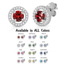 Solid 925 Sterling Silver Round Halo Birthstone CZ Stud Post Earrings Push-back