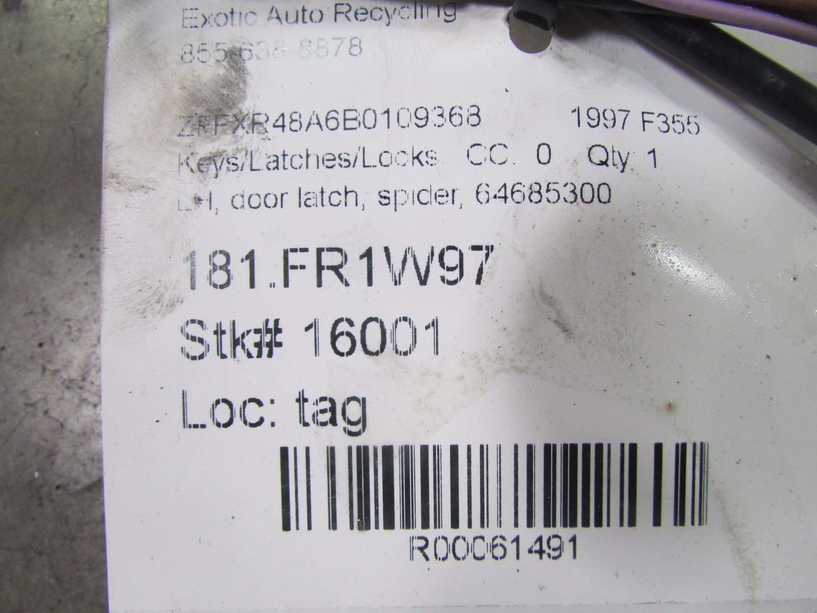 Ferrari F355 Spider, LH Left Door Latch, Used, P/N 64685300