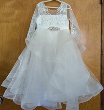Princess Bow Girls White Lace Tulle Ball Gown Dress with Bow 3/4 Sleeve