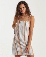Billabong Save Day Dreamer Mini Dress Stripe Linen Blend Tie Back Medium