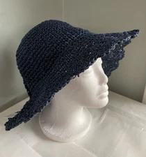 Paper Straw Crochet Women’s Sun Hat With Bow Navy Blue