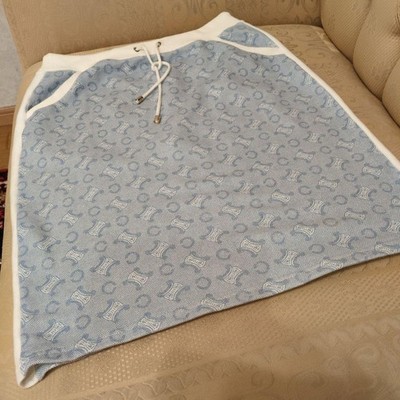 Celine Cotton C Macadam Patterned Trapezoid Skirt Light Blue Drawstring Waist M