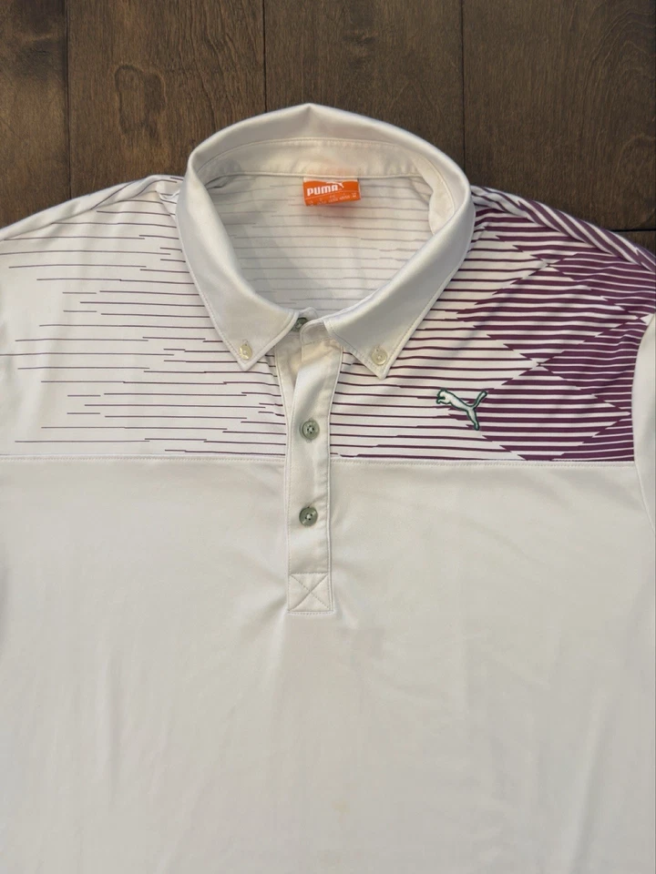 Camisa polo de golf Puma para hombre blanca talla M púrpura a rayas logotipo manga corta USPRY Foto 2 de 4