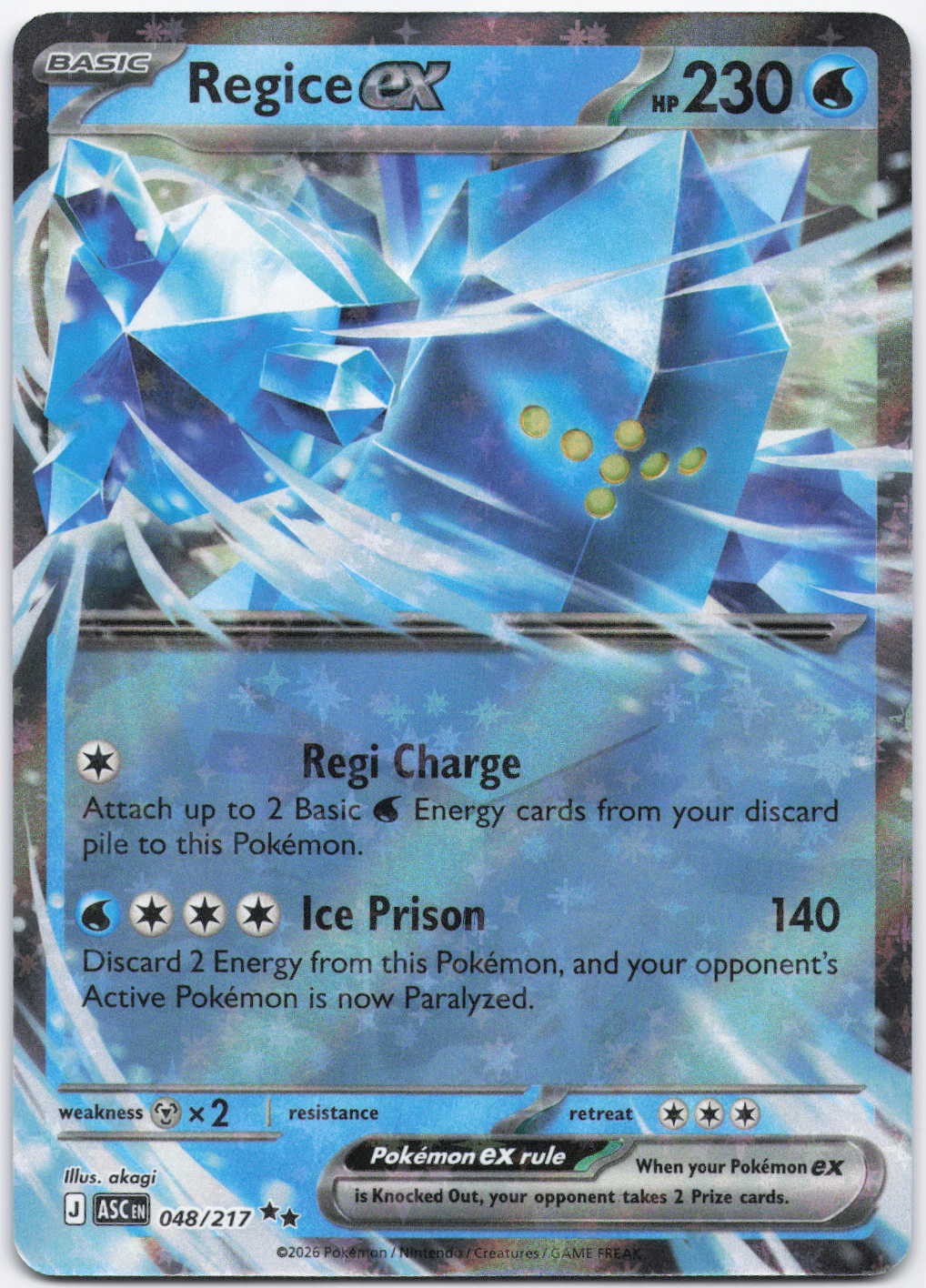 Regice ex 048/217 Double Rare Ascended Heroes Pokemon Near Mint