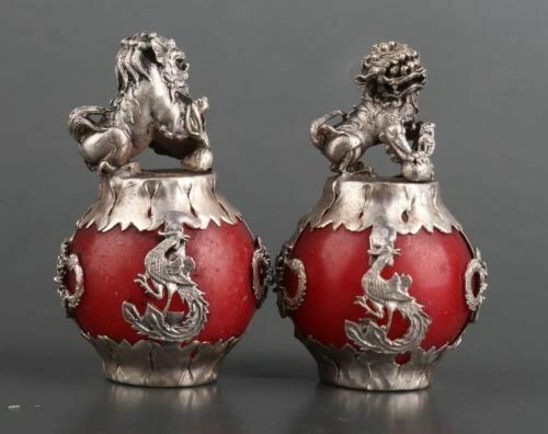 Un par de estatua china antigua del Tíbet plata tallada a mano armadura jade dragón león 9061 Foto 2 de 4