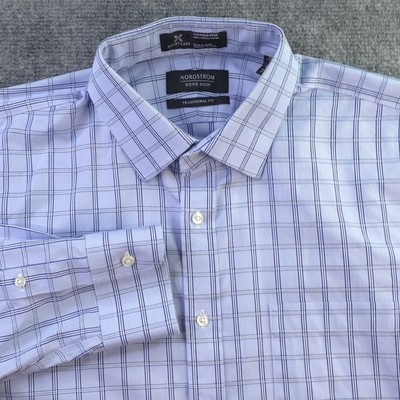 Nordstrom Dress Shirt 15.5 32 Wrinkle Free Blue Check Point Collar Cotton
