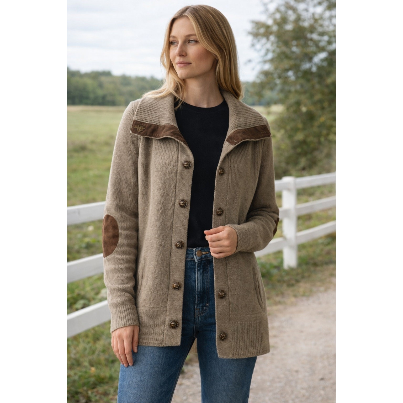 Lauren Jeans Co. Ralph Lauren Cotton Cardigan Sweater Elbow Patches Petite PM