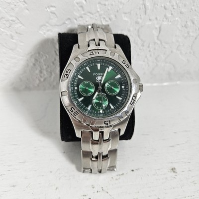 Fossil Blue BQ-9204 Watch Green Dial Stainless Steel Chronograph NEEDS BATTERY