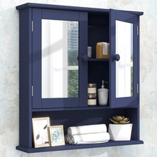 Blue Medicine Cabinet with Mirror 2 Doors  3 Open Shelves Wall Mounted Bathroom
