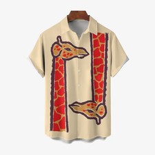 Upside Down Giraffe Print Chest Pocket Short Sleeve Shirt 2411006001