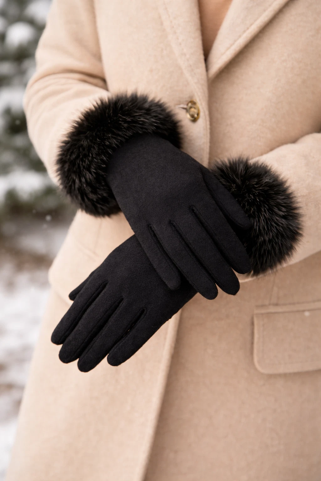 Women’s Black Lambswool Cashmere Gloves w/ Real Mink Fur Cuffs Elegant Winter