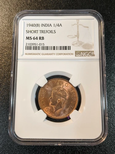 1940 B MS 64 RB India British 1/4 Anna NGC UNC KM 531 Short Trefoils George VI
