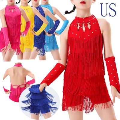 Kids Girls Tassels Dance Dress Ballet Outfits Backless Lace-up Gloves Bodysuit