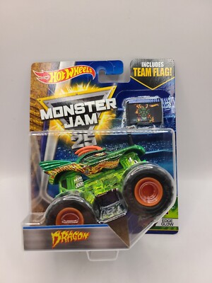 Hot Wheels Monster Jam Dragon Edge Glow (2016) Toy Truck w/ Team Flag #1/4