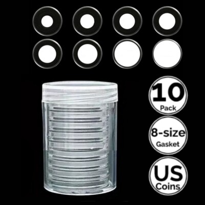10 Pack 41 mm Coin Capsule Holder w/8 Size Black Gasket 4 Eagle Silver Dollar