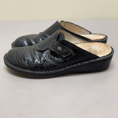 Finn Comfort Clogs Croc Embossed Leather Women 40/ US 9 Black Slip On Slide Mule
