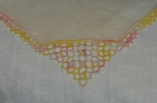 VTG Handkerchief White w Pink Yellow Crocheted Border
