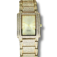 Men's Rectangle Face Iced up Bezel 34mm CZ Gold Plated Metal Band Quartz Watch